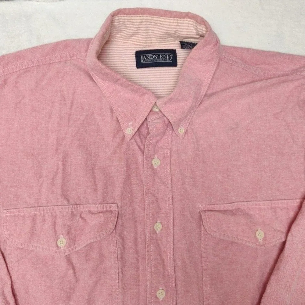 Lands' End Shirt Mens L Pink Oxford OCBD Button-Up Cotton Pockets Made In USA